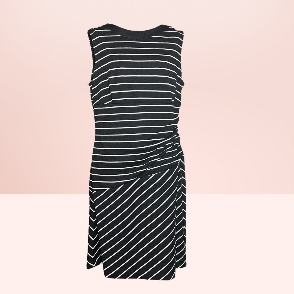 Sandra Darren Striped Ruched Sheath Dress Career Preppy 10 Black White Nautical